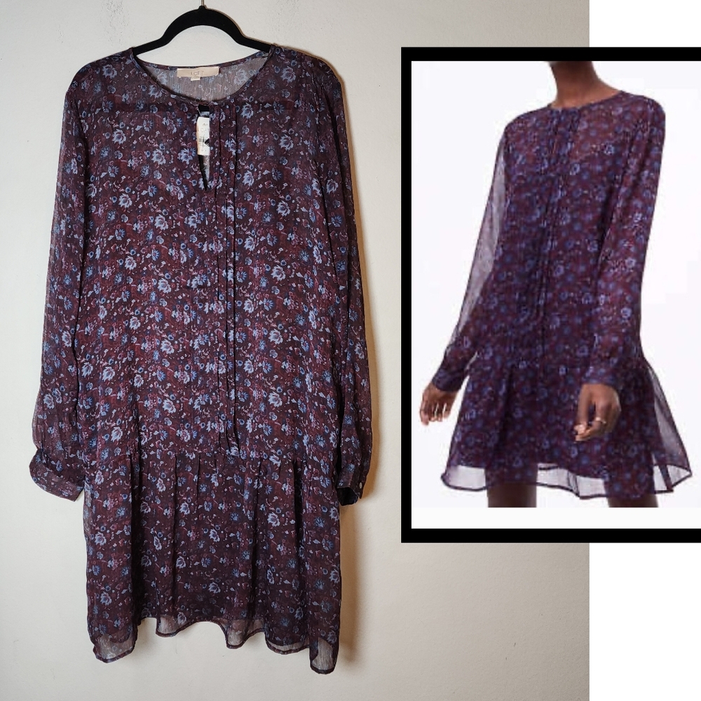 NWT XLT Ann Taylor Loft Purple Blue Floral Drop Waist L/S Chiffon Flounce Dress